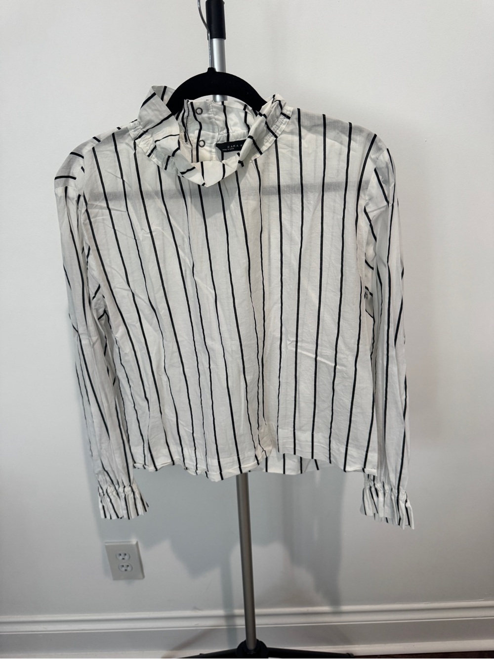 Zara White and Black Vertical Stripe Ruffle-Neck Long Sleeve Top